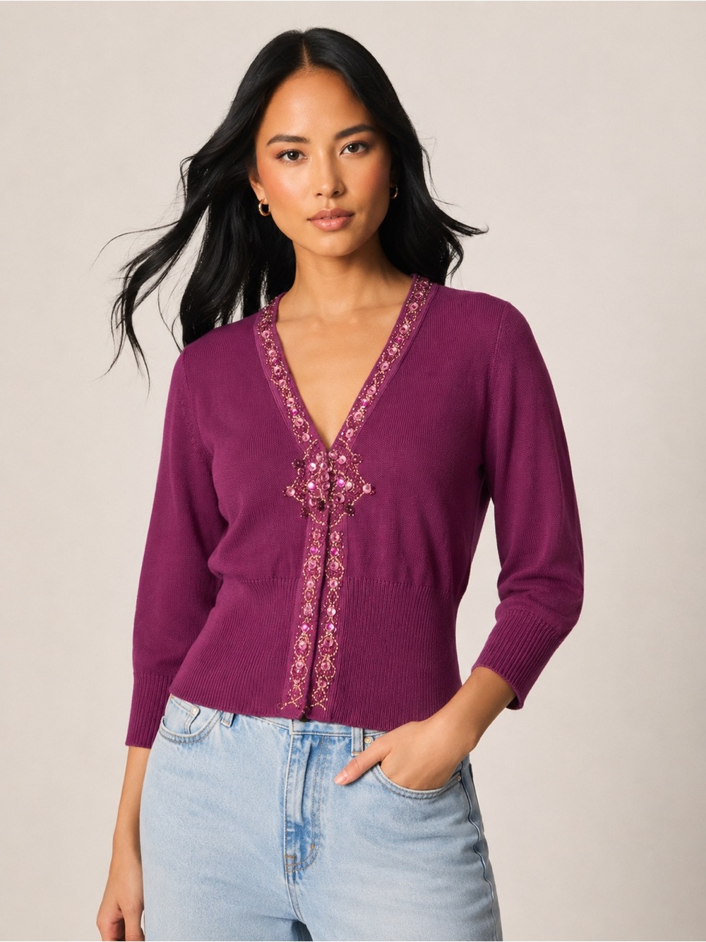 NEW W Purple Embellished Cardigan Sweater Beaded Knit Sequin V-Neck Women’s M